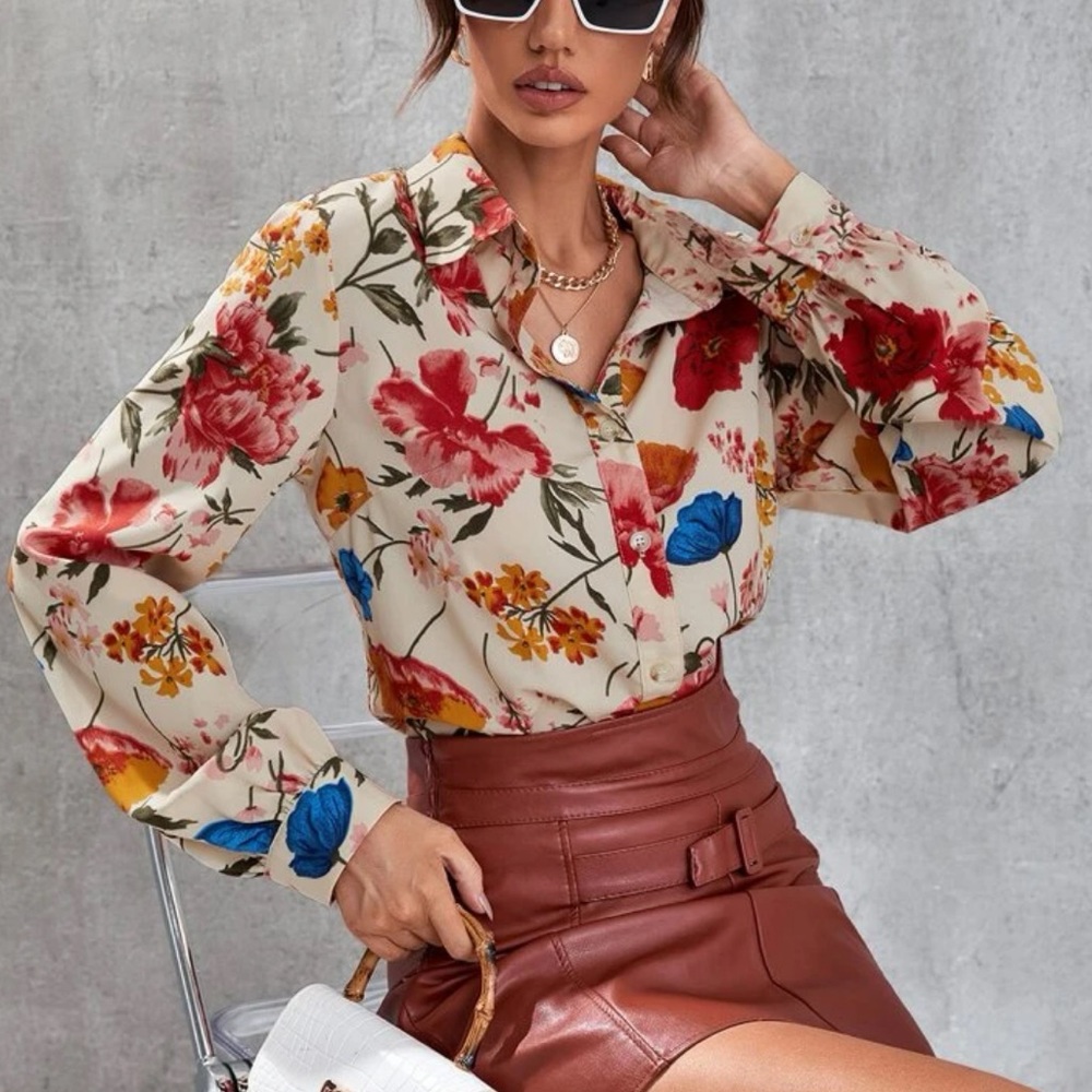 Floral blouse button collar shirt summer spring top flower long sleeve shirt - Picture 4 of 6